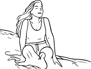 Black and white line art of a beautiful woman relaxing by the beach minimalist peaceful illustration
