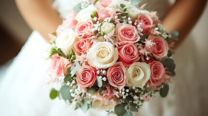 Close-Up of a Person in White Gown Holding a Wedding Bouquet: Pink & White Roses with Small White Flowers & Green Leaves, Soft Blurred Background