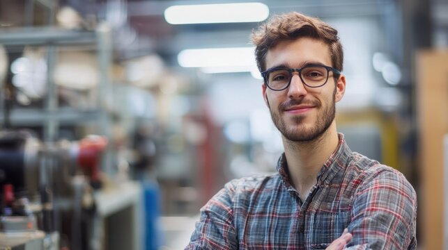 A young man in a plaid shirt with glasses, standing in a factory setting with machinery in the background. - Powered by Adobe