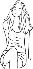 Black and white line art of a beautiful woman relaxing by the beach minimalist peaceful illustration