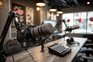 Modern Radio Studio with Microphones and Audio Equipment Setup