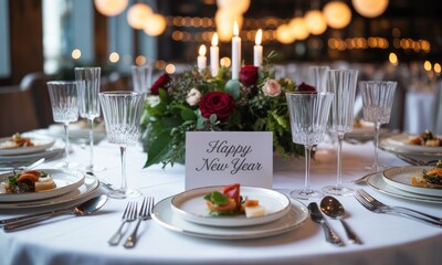 Fototapeta premium Festive dinner table setting with Happy New Year card
