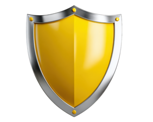 Yellow shield with metallic silver border reflective surface and symmetrical design symbolizing protection security and strength suitable for emblem logo or clipart use