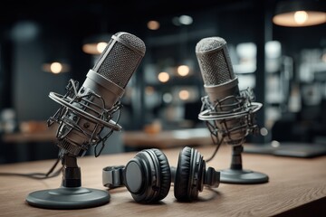 Dual Microphones and Headphones on Wooden Table in Modern Studio