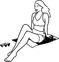 Black and white line art of a beautiful woman relaxing by the beach minimalist peaceful illustration