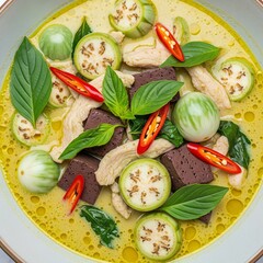Thai green curry in white dish bowl