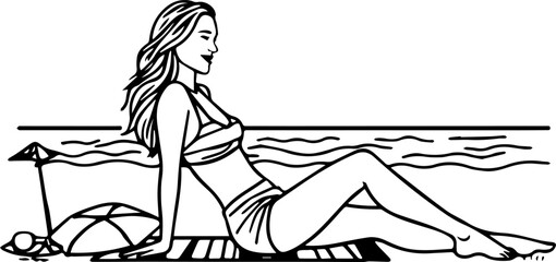 Black and white line art of a beautiful woman relaxing by the beach minimalist peaceful illustration