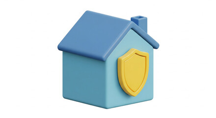 3D Rendered Blue House Icon with Golden Shield Symbolizing Home Insurance and Protection on Isolated transparent background