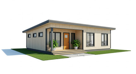 Modern Minimalist Single-Story House with Wood Exterior and Green Lawn on Isolated transparent background
