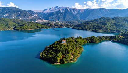 Fototapeta premium Mountain lake, island with house, bright sky