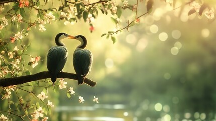 Just above a water stream, Couple of large birds in its flowered natural perch. Neutral lighting. Lusu green bokeh background