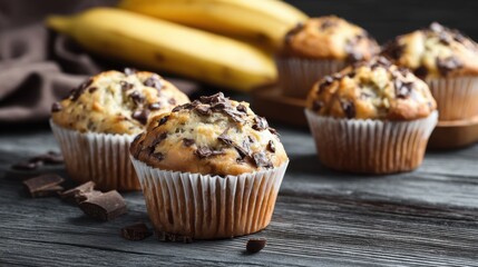 Delicious banana chocolate chip muffins are displayed on a rustic wooden surface alongside ripe bananas. These treats feature a golden brown top and chunks of chocolate.