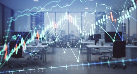 Financial data overlays a modern office landscape, showcasing market analysis