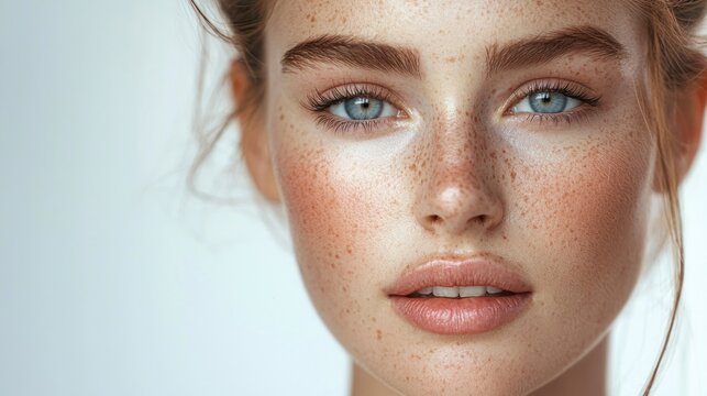 A close-up of a woman's face with freckles and blue eyes, wearing a white top and a white background.