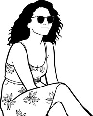 Black and white line art of a beautiful woman relaxing by the beach minimalist peaceful illustration