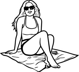 Black and white line art of a beautiful woman relaxing by the beach minimalist peaceful illustration