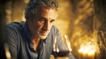 Pensive middle-aged man with gray hair contemplates a glass of red wine in a rustic cellar illuminated by candlelight. Intimate atmosphere of solitary reflection