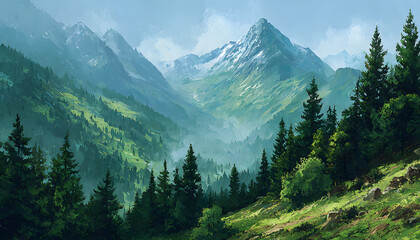 Obraz premium A peaceful watercolor artwork depicting a green mountain range with trees, reflecting a tranquil landscape