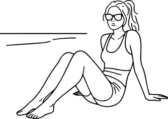 Black and white line art of a beautiful woman relaxing by the beach minimalist peaceful illustration