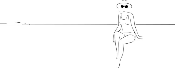 Black and white line art of a beautiful woman relaxing by the beach minimalist peaceful illustration
