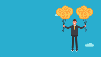 Flat Design Illustration of a Business Man Flying with a Dollar Coin Balloon in a Blue Sky. A Visual Concept of Financial Success, Investment, and Economic Growth.