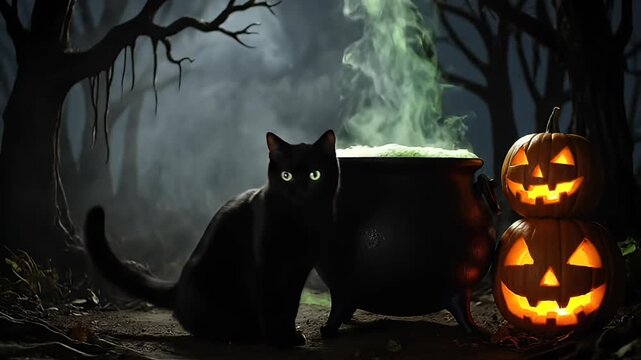 black cat cauldron jack-o-lanterns spooky forest halloween