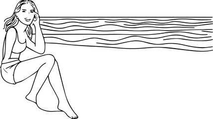 Black and white line art of a beautiful woman relaxing by the beach minimalist peaceful illustration