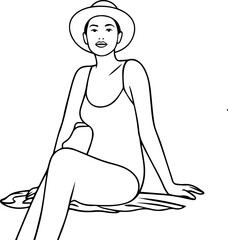 Black and white line art of a beautiful woman relaxing by the beach minimalist peaceful illustration