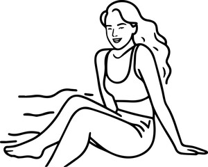 Black and white line art of a beautiful woman relaxing by the beach minimalist peaceful illustration
