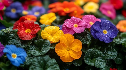 Vibrant Close-Up of Colorful Flowers (Primarily Primroses) with Delicate Drops: Red/Yellow/Orange/Pink/Purple/Blue Blooms Against Glossy Green Leaves