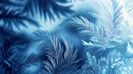 Intricate frost patterns with feathery ice crystals glowing on a windowpane against a deep blue, cold background. Magical atmosphere of winter's art