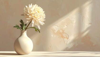 Creamy flower in simple vase, sunlit backdrop