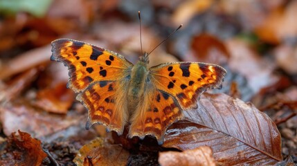 Obraz premium A vibrant orange butterfly with black spots is perched on a bed of colorful fallen leaves in a peaceful forest during the autumn season. The scene captures natures beauty.