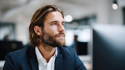 Obraz premium Thoughtful Businessman in Modern Office Setting, Contemplating Ideas