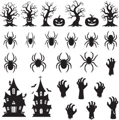 Spooky Halloween Silhouette Set: A collection of creepy Halloween silhouettes featuring gnarled trees, grinning pumpkins, sinister spiders, haunting hands, and a ghostly haunted house.