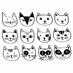 A charming collection of twelve hand drawn black and white cat faces each with a unique expression and simple doodle style perfect for playful designs