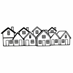 A charming hand drawn illustration of a row of simple houses with pitched roofs and windows creating a cozy neighborhood scene perfect for design projects