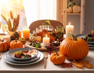 Festive autumn table with seasonal food and candles