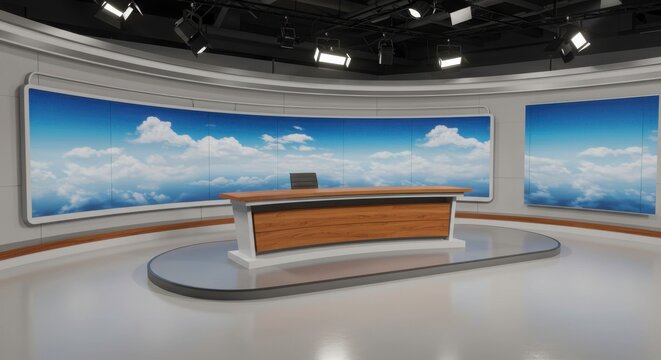 Modern television studio set with cloudy sky background and presenter desk designed for news