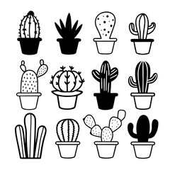 A collection of twelve diverse potted cactus and succulent plant illustrations in a simple black and white line art and silhouette style perfect for graphic design and decorative purposes