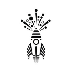 Vector illustration of stylized black and white rocket ship icon with an abstract explosion of geometric shapes and dots
