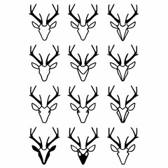 A collection of twelve stylized deer head icons in black and white showcasing variations in line art and silhouette for diverse design applications