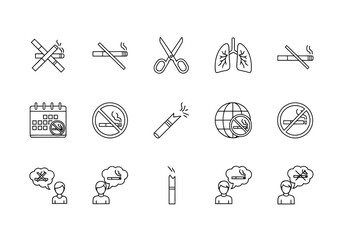 Fototapeta premium Vector illustration of set of icons related to smoking and its consequences, including no smoking signs, lungs, scissors, and people thinking about smoking