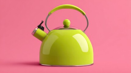 A vibrant green kettle sits on a pink surface showcasing its glossy finish and sleek design. This cheerful setting adds a modern touch to any kitchen.