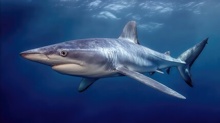 Obraz premium Close-Up View of a Shark Swimming Gracefully Through Clear Blue Ocean Waters