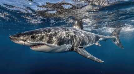 Fototapeta premium Majestic Great White Shark Swimming Gracefully Beneath the Ocean Surface in Clear Blue Waters