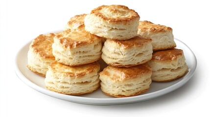 Stack of golden biscuits on a white plate