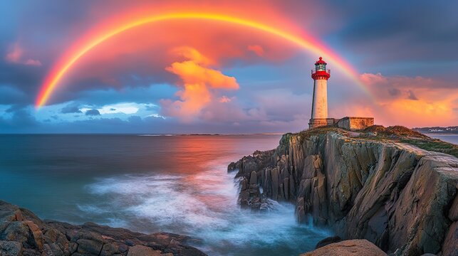 Photograph of the Lighthouse du Petit Minou in Carantec, Brittany, France, at sunset with a rainbow,