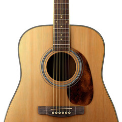 Obraz premium Close-up of acoustic guitar body. Wooden, light-tan colored, soundhole, strings, fretboard, bridge