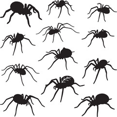 Spiders Silhouette Collection: A striking collection of spider silhouettes, meticulously detailed, creates a sense of mystery, perfect for design, illustration, and thematic projects.